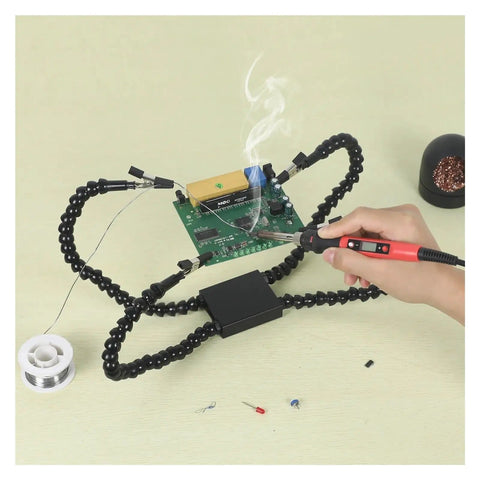 Pro Grade Flexible Third Hand Soldering Station with arms in use for soldering PCB on workbench.
