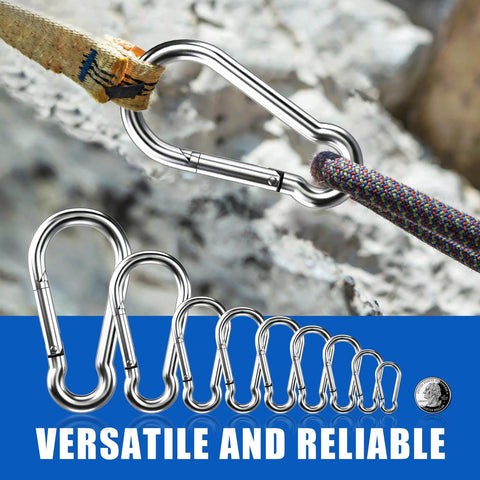 Heavy Duty 1.57 Inch Carabiner Clip Set, 15 Pcs 304 stainless steel spring hooks for camping and hiking, shown with rope.