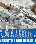 Small stainless steel carabiner clip; close-up view showing rope threading, 1.97 in, 10-pack