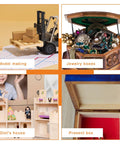 Four image collage showing model making toy set, open jewelry box with accessories, doll's house with figures, and a present box.