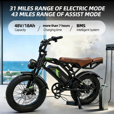 Rugged Electric Bike For Adults With 500W Brushless Motor 48V 18Ah Battery 90Nm Torque Handles 35 Degree Hills by the sea.