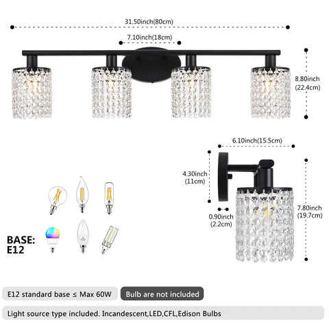 Black Four Light Crystal Vanity Light Fixture 31.5 Inch Over Mirror for Bathroom Modern Bath Lighting with crystal details