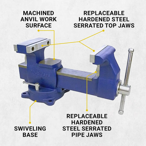 Beefy Industrial Grade Reversible Vise With Five Point Five Inch Jaws Heavy Duty Ductile Iron Castings 360 Degree Swivel Base