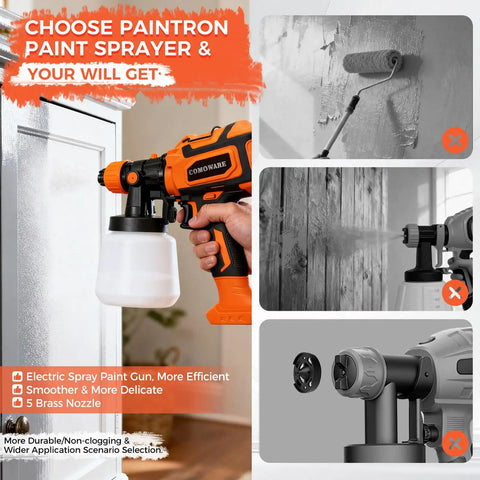 Smooth Operator Hvlp Paint Sprayer For House Painting And Cabinet Styling With Adjustable Flow Settings. User holding sprayer by door.