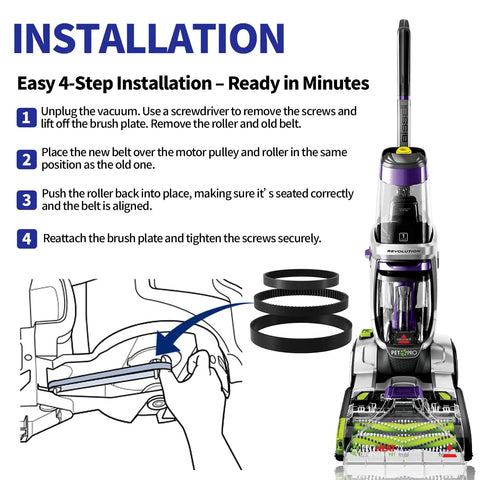 Installation guide for 3 in 1 Belt Replacement Kit for ProHeat 2X Revolution Pet Pro Carpet Cleaners, 3 pack belts