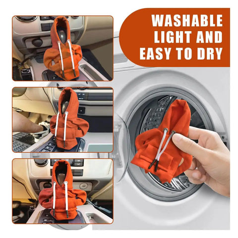 Four views of Gear Shift Hoodie Cover for Cars, a dope knob hoodie in orange, shown on auto shifter and hand holding it for washing.