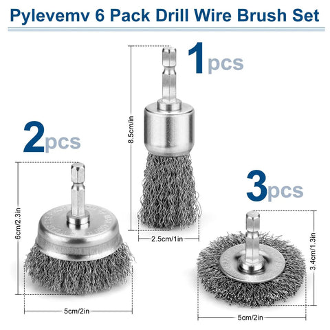 Six Piece Carbon Steel Wire Brush Set For Drills With Cup Brushes Wheel Brushes And Pen Brush One Quarter Inch Hex Shank Attachments