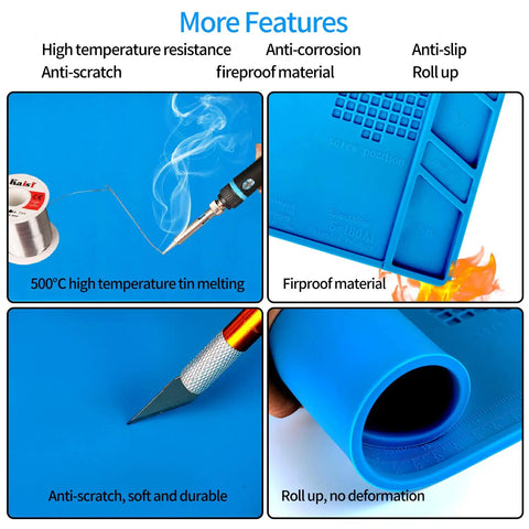 Pro Grade Large Silicone Soldering Mat With Magnetic Parts Layout Built In Ruler For Electronics Computer Repair 21.6 By 13.8 Inches Heat Resistant Insulation Soldering Station Pad With 124 Screw Positions 4 Magnetic Areas 18 Notches 49 Spare Units shown with high temperature resistance and roll-up feature