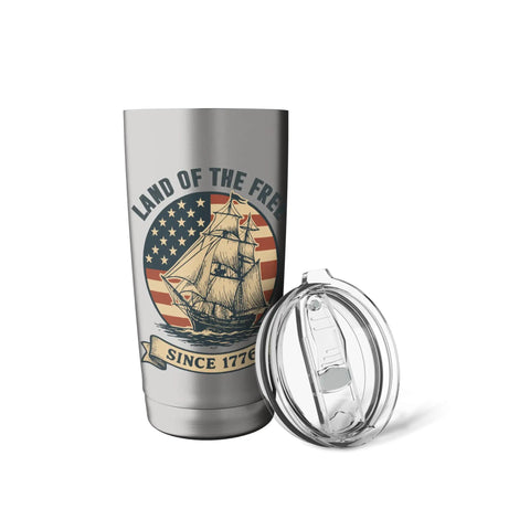 Patriotic Fourth Of July Sailboat Stainless Steel Insulated Tumbler For Hot And Cold Beverages, Durable Double Wall Vacuum Bottle With Leak Proof Lid, All American Pride Gift For Summer Celebrations display showing lid and sailboat graphic