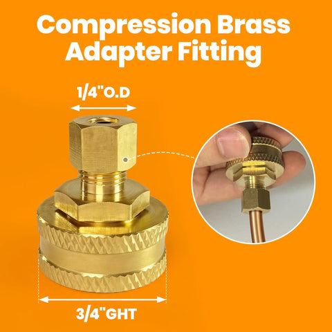 3/4 Inch FHT To 1/4 Inch Compression Brass Adapter With Swivel End, 1 Pack, Perfect Fit For Garden Hose And Plumbing Projects, Works With Copper Lines And Evaporative Coolers, Includes O Ring. Brass adapter close-up showing 3/4" GHT and 1/4" O.D.