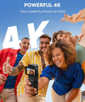 Group using 4K Vlog Cam With 64GB Memory, 154 Degree Wide Angle Lens, 6 Axis Stabilizer outdoors, showcasing vibrant image quality.