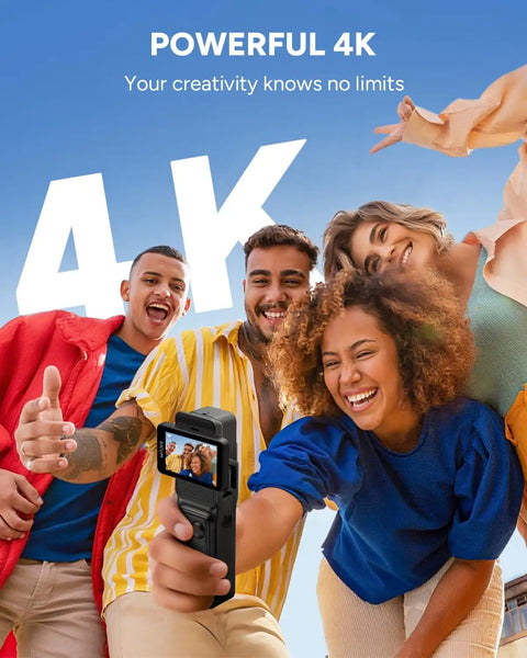 Group using 4K Vlog Cam With 64GB Memory, 154 Degree Wide Angle Lens, 6 Axis Stabilizer outdoors, showcasing vibrant image quality.