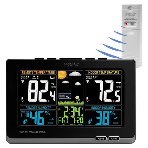 Wireless Color Weather Station With Mold Indicator For Home Use Indoor Outdoor Temperature And Humidity Monitor Real Time Forecast Color LCD Display With Trend And Min Max Mold Risk Alerts Black, showing temperature and humidity readings.