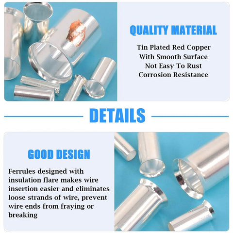 380 Pcs Wire Ferrule Kit With Eight Sizes From AWG 12 To 2/0 Copper Silver Plated Crimp Connectors Non Insulated End Terminals