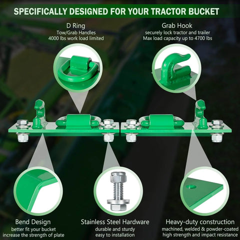 Infographic highlighting Heavy Duty Bolt On Tractor Bucket Hook Grab Hooks D Rings Compatible With Wide Range Of Compact And Utility Tractors