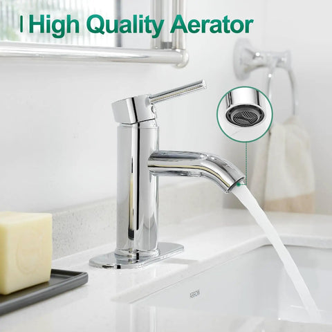 Chrome Single Handle Bathroom Faucet For One Hole Sink And Vanity Or Commercial Lavatory Includes Three Eighths Inch Hoses And Deck Plate Durable Stainless Steel With Easy Clean Finish Corrosion Resistant And Built To Last No Fuss Install For Any Vanity showing water flow