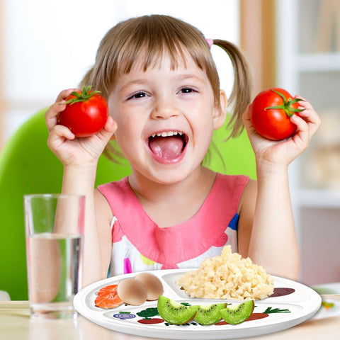 Sick 10 Inch Melamine Sectioned Plate For Portion Control And Keeping Calorie Intake In Check with colorful food and happy child
