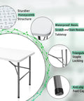 Heavy Duty 4 Foot Folding Table For Indoor Outdoor Use With Handle Portable Square Dining Card Table Waterproof Durable Plastic Top 330 Lb Weight Capacity Ideal For Picnics Parties Camping And More, featuring sturdier honeycomb design, waterproof resin surface, triangular legs, and anti-slip feet caps.