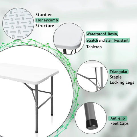 Heavy Duty 4 Foot Folding Table For Indoor Outdoor Use With Handle Portable Square Dining Card Table Waterproof Durable Plastic Top 330 Lb Weight Capacity Ideal For Picnics Parties Camping And More, featuring sturdier honeycomb design, waterproof resin surface, triangular legs, and anti-slip feet caps.