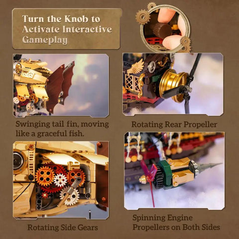 Steampunk Airship Model Kit For Grownups Dual Layer Zeppelin With Gear Driven Mechanical System DIY Building Blocks Set showing interactive gameplay features