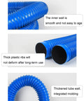 Blue PVC Flex Hose Spiral Reinforced For Dust Collection And Fume Venting With High Airflow While Staying Round Shape Without Kink Or Collapse Under Heat And Pressure Built For Pros And Shops Who Need Reliable Tools To Get The Job Done Everyday., blue corrugated hose with smooth bore and thick ribs shown in coiled and open views