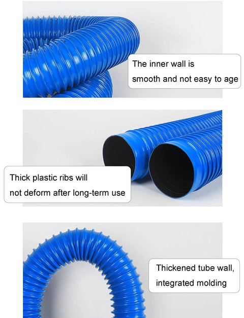 Blue PVC Flex Hose Spiral Reinforced For Dust Collection And Fume Venting With High Airflow While Staying Round Shape Without Kink Or Collapse Under Heat And Pressure Built For Pros And Shops Who Need Reliable Tools To Get The Job Done Everyday., blue corrugated hose with smooth bore and thick ribs shown in coiled and open views