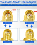 Image of 45-degree SMA to RP-SMA coax adapter kit showing male and female connectors for FPV Antenna Adapters SMA To RP-SMA 45 Degree Connector Kit 4 Pack For FPV Drones And Goggles Low Loss 50 Ohm Brass Gold Plated Ideal For Race Quadcopters And Fat Shark Goggles WiFi Antenna Extension Cable.