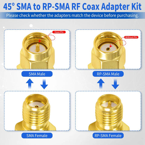 Image of 45-degree SMA to RP-SMA coax adapter kit showing male and female connectors for FPV Antenna Adapters SMA To RP-SMA 45 Degree Connector Kit 4 Pack For FPV Drones And Goggles Low Loss 50 Ohm Brass Gold Plated Ideal For Race Quadcopters And Fat Shark Goggles WiFi Antenna Extension Cable.