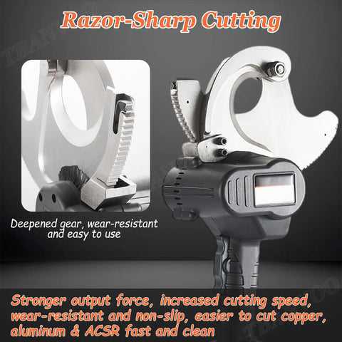 Cordless 18V Electric Hydraulic Ratchet Cable Cutter for copper, aluminum, and ACSR wires showing razor-sharp cutting blades.