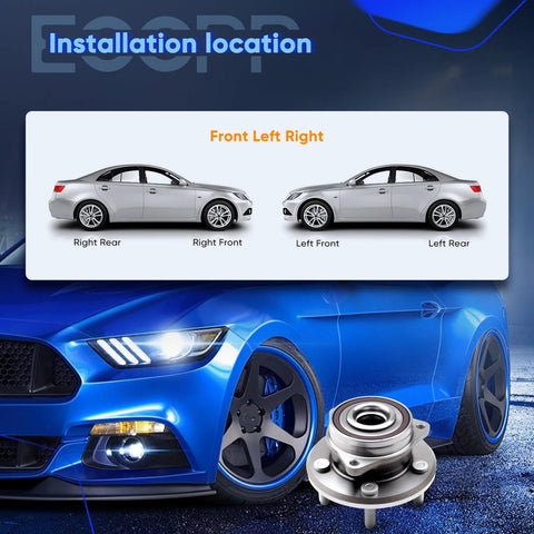 Installation graphic showing wheel hub positions with Drop In Direct Fit Wheel Hub Bearing And Assembly Replacement For Dodge Durango And Jeep Grand Cherokee 2011 To 2018, 2019 To 2023 Durango, 2019 To 2021 Grand Cherokee OE Quality 513324x1 below a blue car.