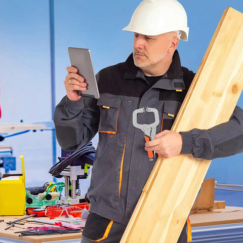 Man using Heavy Duty Front Clamp C Clamp Pliers Made From High Carbon Steel for woodworking, holding a wood plank.