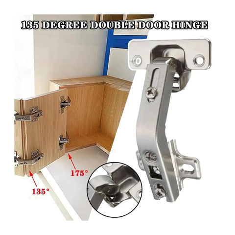 Concealed Corner Wardrobe Hinges for Cabinets and Cupboards, hidden door hinge hardware with 135-degree opening, sleek finish, durable build.
