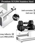 Stainless Steel Toilet Paper Holder With Built In Phone Shelf And Towel Hooks Adhesive Or Screw Mount Wall Mounted Bathroom Tissue Roll Organizer In Polished Chrome close-up with weights showing strength