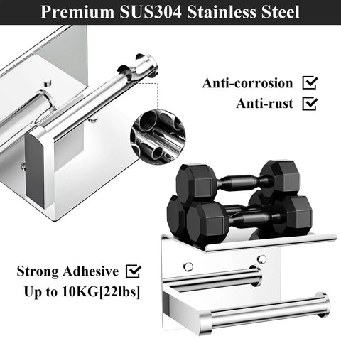 Stainless Steel Toilet Paper Holder With Built In Phone Shelf And Towel Hooks Adhesive Or Screw Mount Wall Mounted Bathroom Tissue Roll Organizer In Polished Chrome close-up with weights showing strength