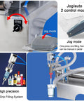 Dead Simple Automatic Pneumatic Bottle Filler With Stainless Steel Nozzle shows jog control modes and high precision filling system.