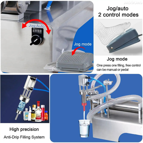 Dead Simple Automatic Pneumatic Bottle Filler With Stainless Steel Nozzle shows jog control modes and high precision filling system.