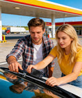 Couple using Windshield Wiper Repair Tool Quick Fix Automotive Restorer For Cars on wiper at gas station.