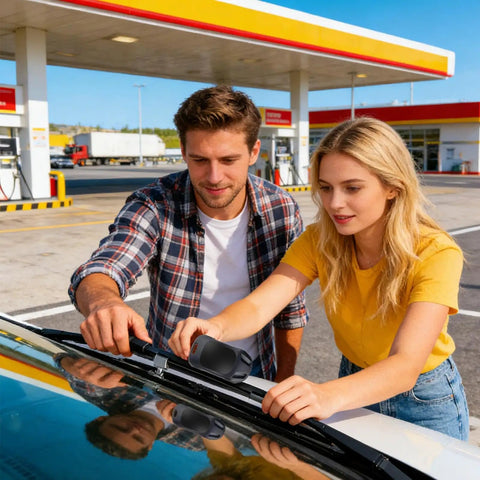 Couple using Windshield Wiper Repair Tool Quick Fix Automotive Restorer For Cars on wiper at gas station.