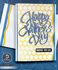 Father's Day card with yellow honeycomb pattern, blue foil 'Happy Father's Day' text, handmade label, matching envelope visible.