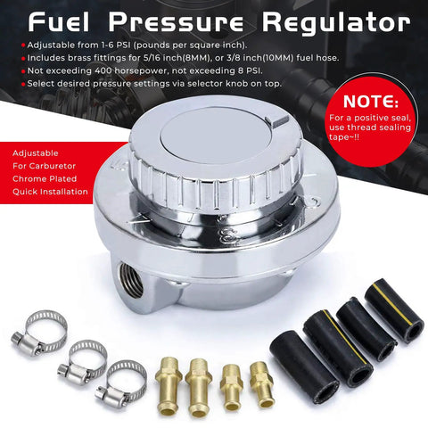 Universal 1 To 5 PSI Fuel Pressure Regulator For Carburetors With Zinc Alloy Body shown with fittings and manual dial