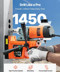 VEVOR magnetic drill press with orange body and black handle mounted on a steel work surface