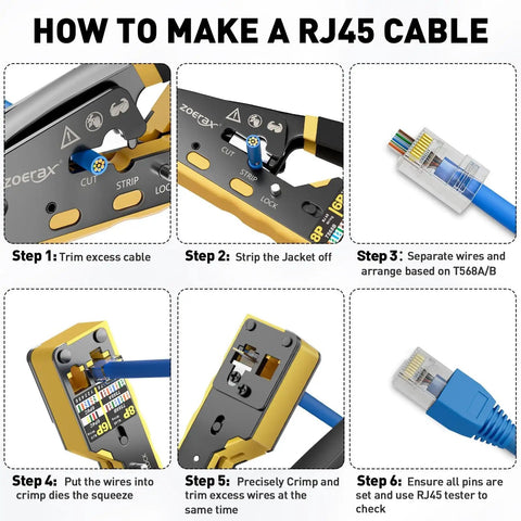 Step-by-step guide showing All In One Ethernet Crimp Tool Kit With Pass Through RJ45 Crimpers, Cable Tester, wire cutters and pliers, network cable stripper, mini cable stripper, 50 Cat5e Cat6 pass through connectors and strain relief boots in use for making an RJ45 cable.