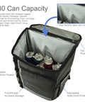 Insulated Cooler Backpack For 4 With Plates And Glasses Lightweight Lunch Pack Featuring Hardwood Serving Board Cheese Knife Corkscrew 30 Can Capacity Leak Proof Picnic Setup showing interior with cans and PEVA lining.