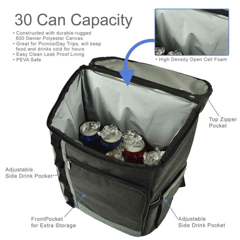 Insulated Cooler Backpack For 4 With Plates And Glasses Lightweight Lunch Pack Featuring Hardwood Serving Board Cheese Knife Corkscrew 30 Can Capacity Leak Proof Picnic Setup showing interior with cans and PEVA lining.