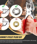 301 Pcs Grommet Eyelet Pliers Tool Kit With 300 Metal Eyelets for DIY repair, image showing plier use and eyelet placement.