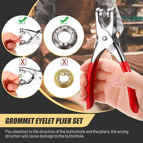 301 Pcs Grommet Eyelet Pliers Tool Kit With 300 Metal Eyelets for DIY repair, image showing plier use and eyelet placement.