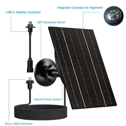 4W High Efficiency Solar Panel For Blink Outdoor Cameras with adapter, adjustable mount, and USB C and Micro USB connectors.