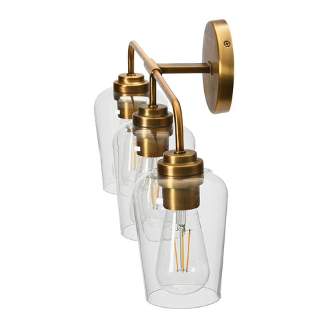 Mid Century Inspired Three Light Vanity Fixture in Brushed Bronze With Metal Base and Snifter Glass Shades, Damp Location Rated