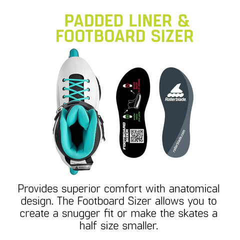 Women's Urban Inline Skates For City Cruisin And Commutin showing padded liner and footboard sizer for comfort and support.