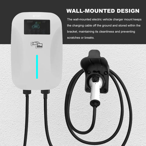 EV Charger Holder Wall Mount For SAE J1772 Cables with Cord Hanger shown wall-mounted with charger and cables securely docked.